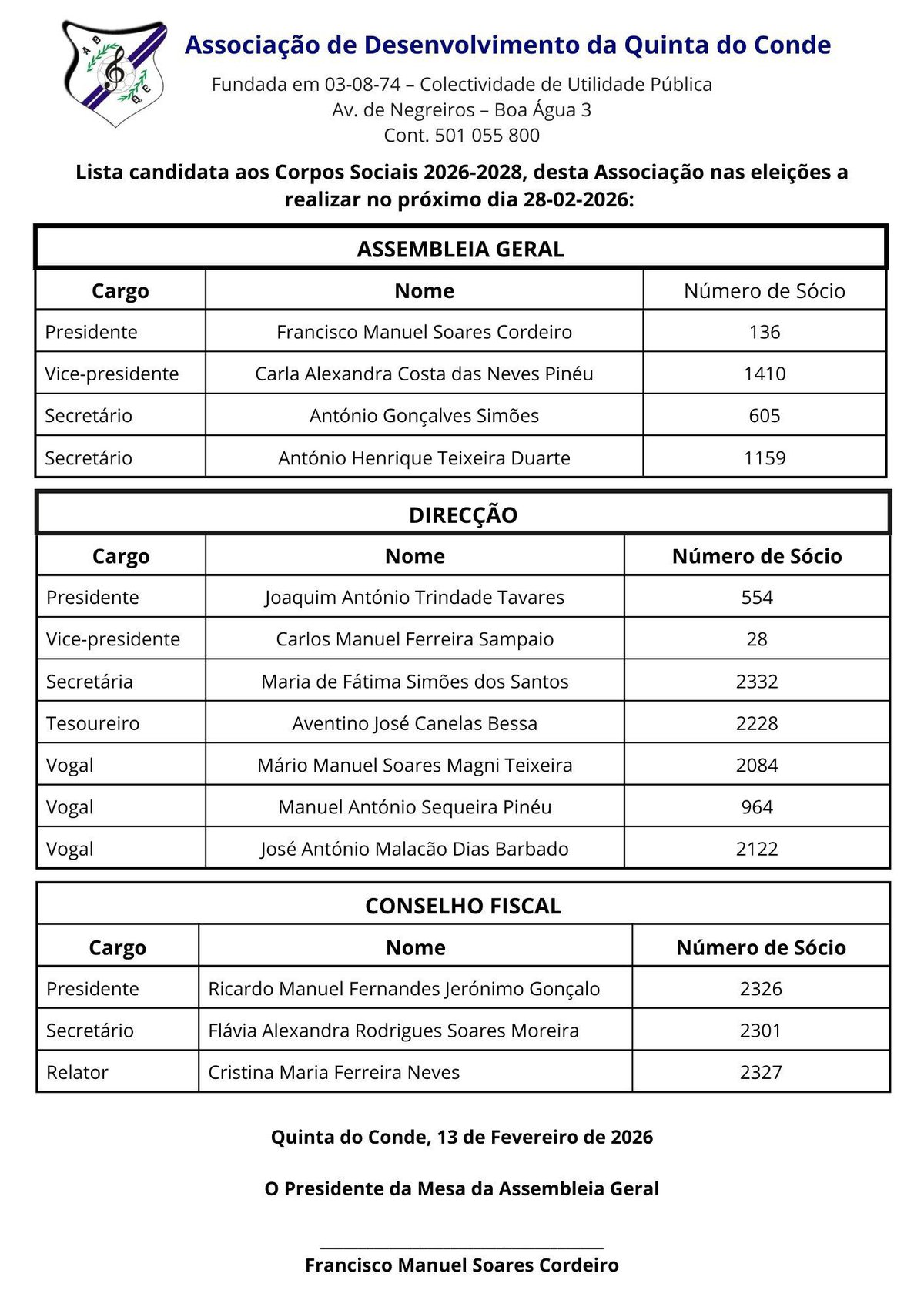 Lista candidata aos corpos sociais 2026-2028