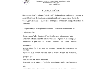 CONVOCATÓRIA: dia 28 de Outubro de 2024 pelas 20H00