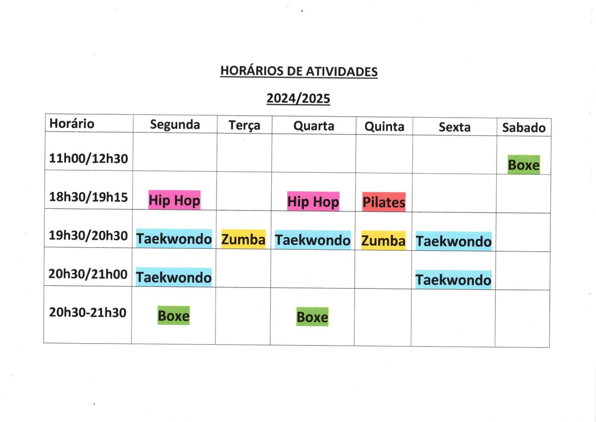 Horário Atividades na sede