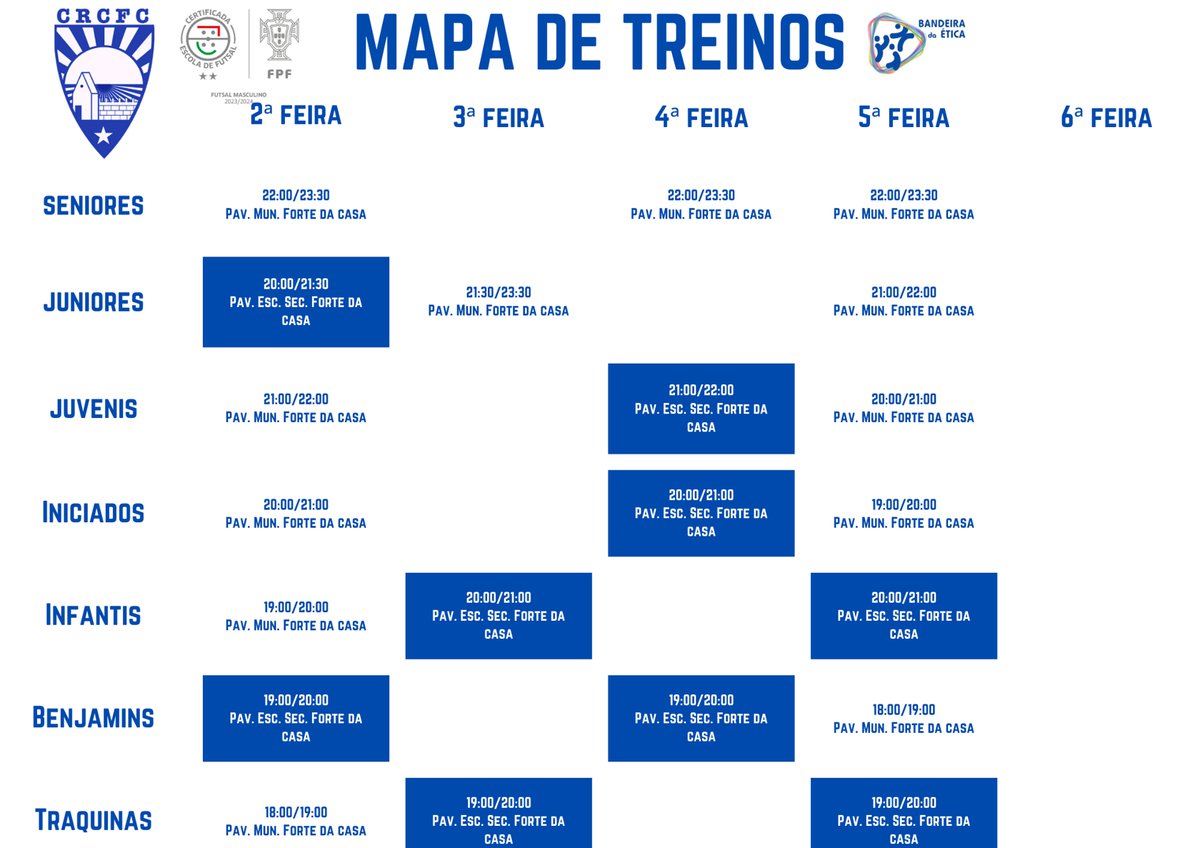 Mapa de Treinos Futsal  Época 24/25