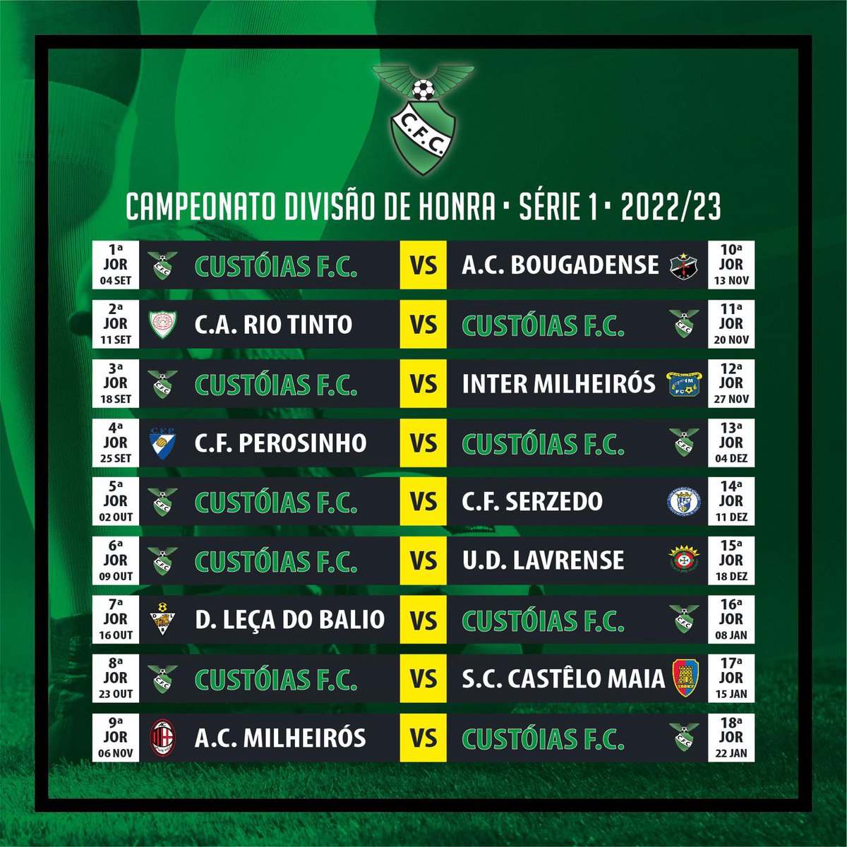 CALENDÁRIO SENIORES DIVISÃO DE HONRA SÉRIE 1 2022/23