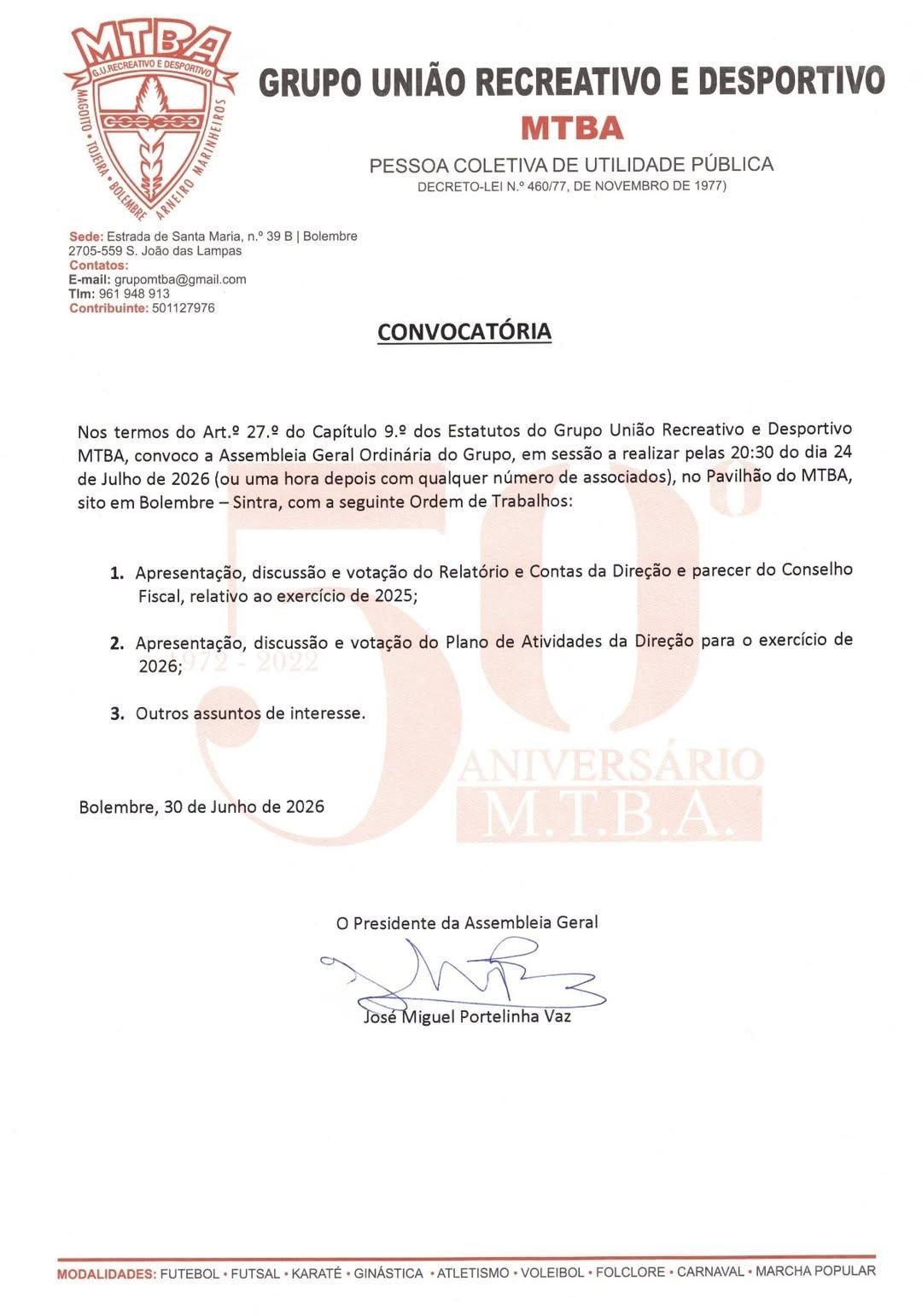 MTBA - Assembleia Geral
