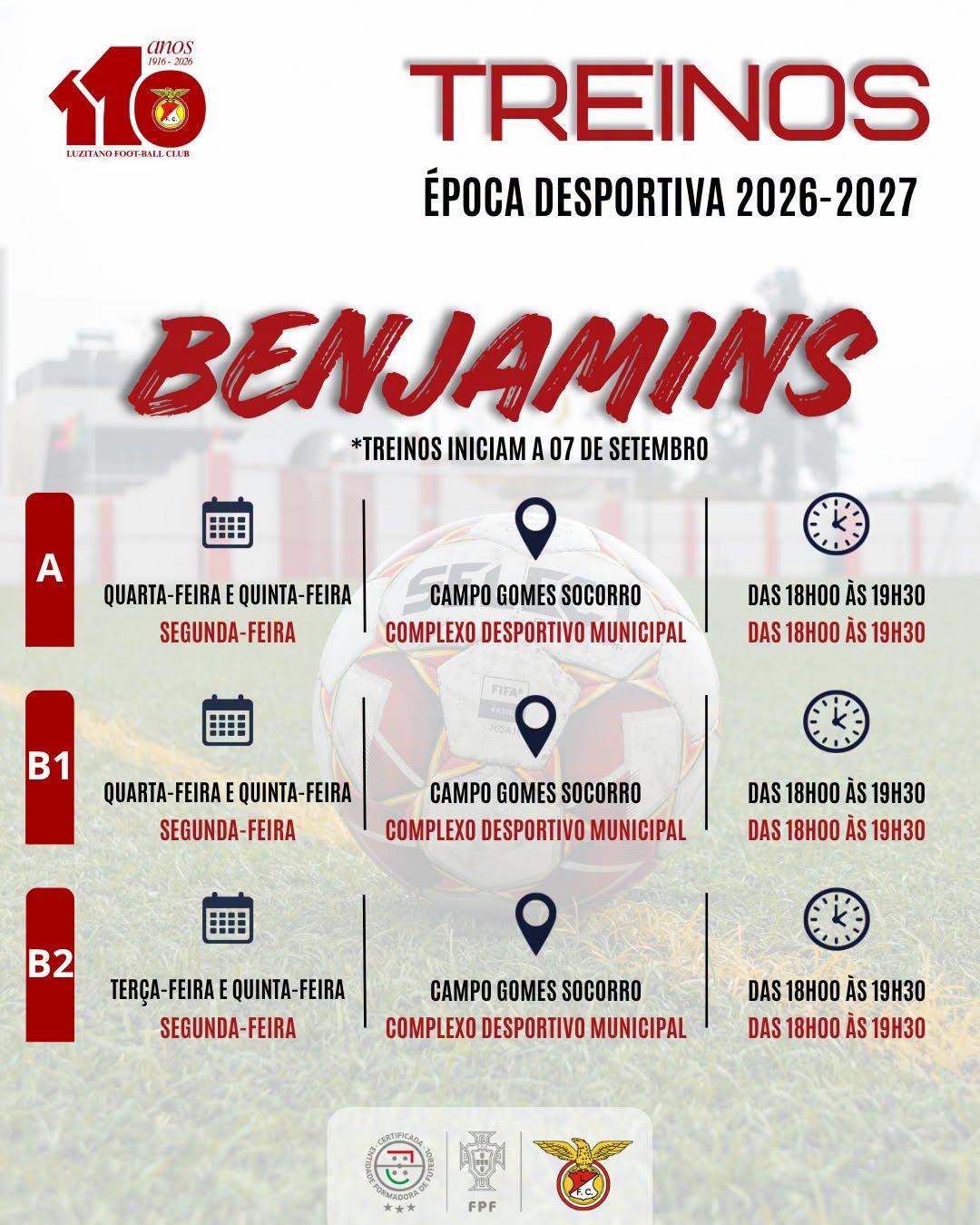 Cartaz dos treinos dos Benjamins 2026/2027