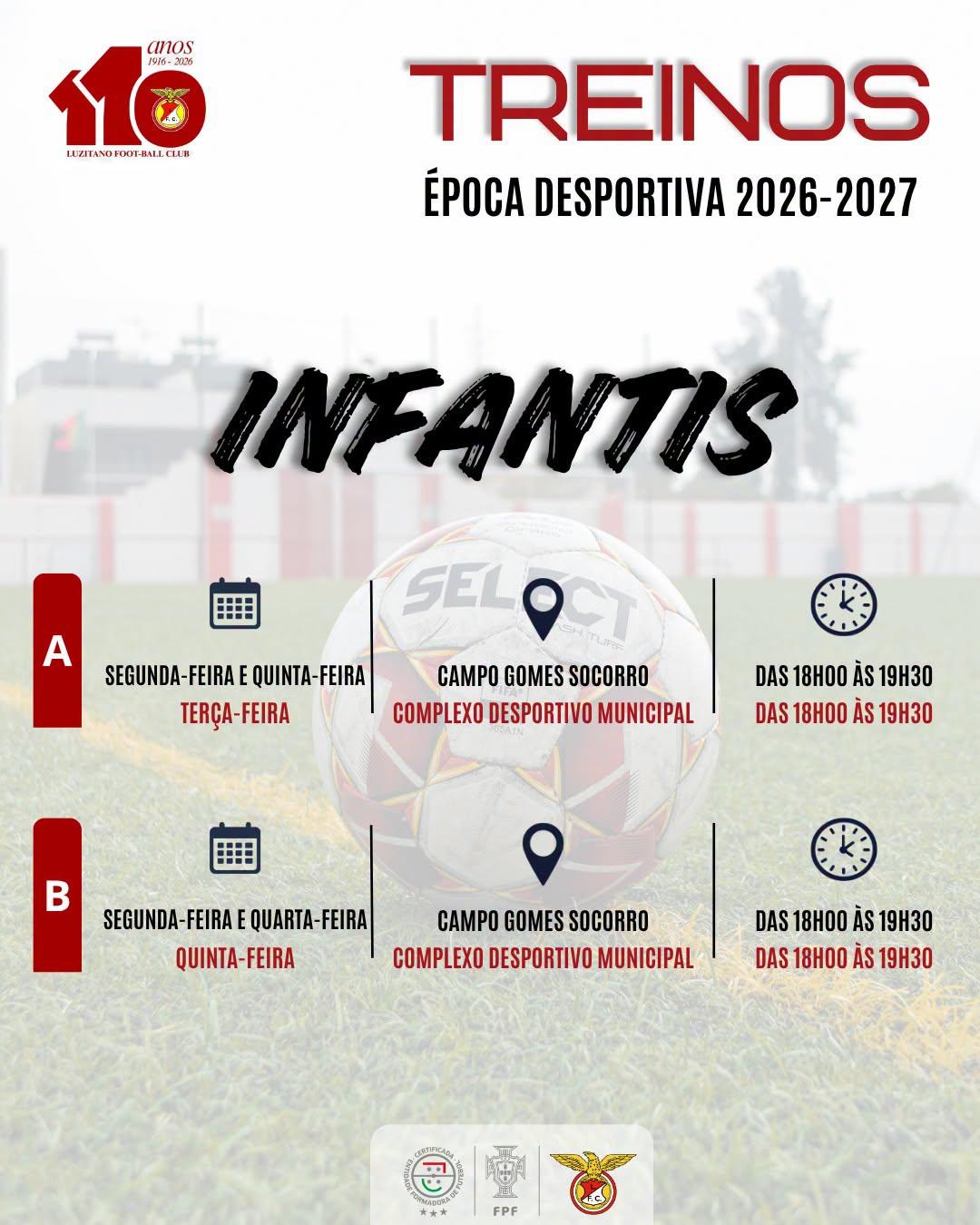 Horário de treinos dos Infantis 2026/2027