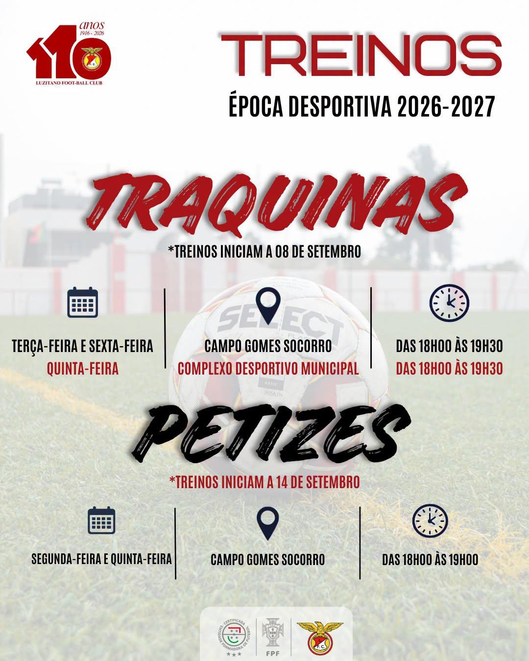 Horário de treinos dos Traquinas e Petizes 2026/2027
