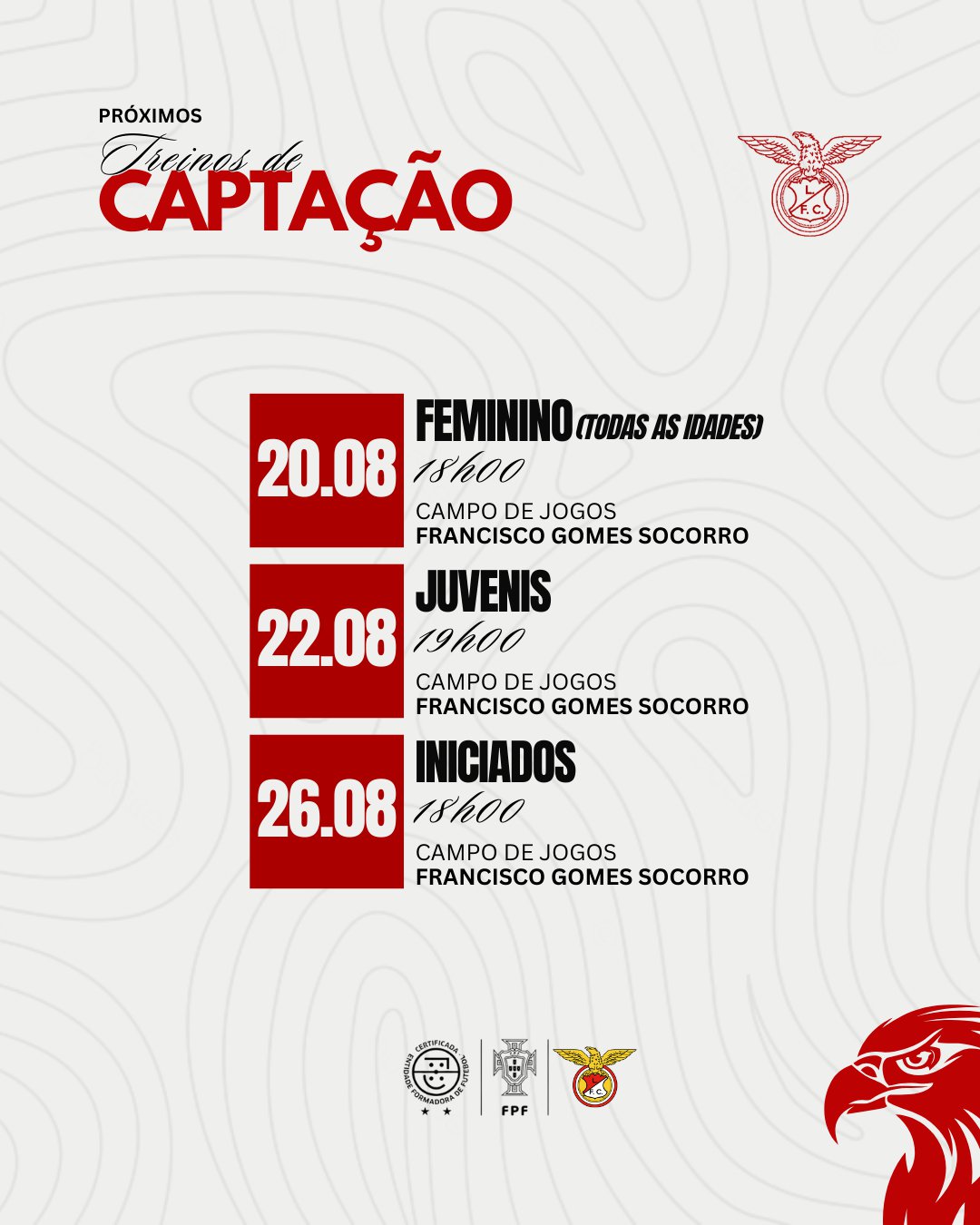 Próximos Treinos de Captação 25/26