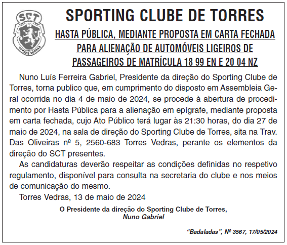 Venda de carrinhas em Hasta Pública