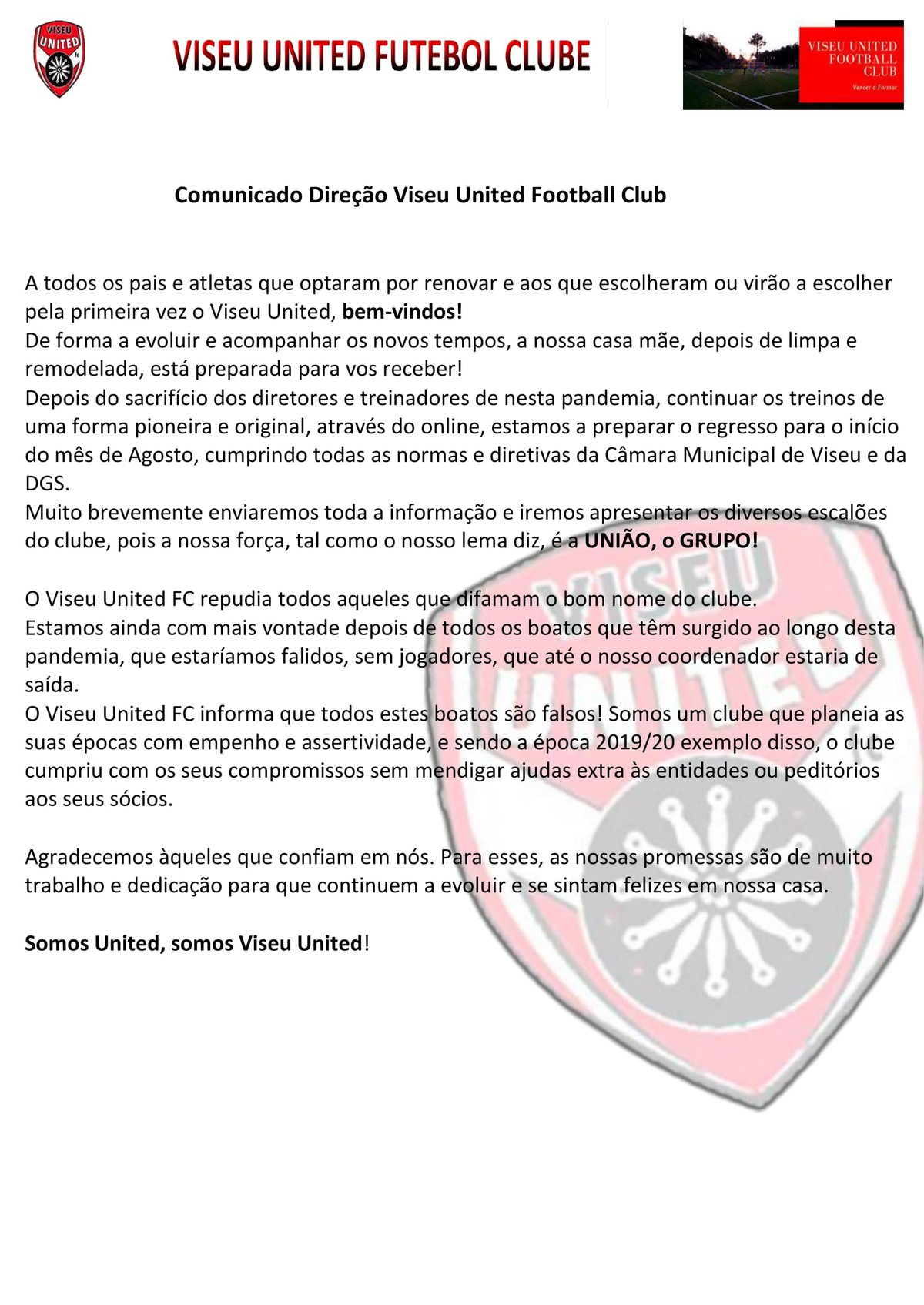 Comunicado Direção Viseu United Football Club